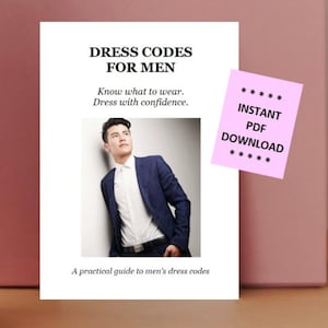 Può includere: Una scheda informativa bianca intitolata DRESS CODES FOR MEN con il testo Know what to wear. Dress with confidence. Presenta una fotografia di una persona con blazer blu navy e camicia bianca, con una nota rosa che indica INSTANT PDF DOWNLOAD.