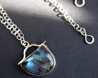 Labradorite Blue Green set in a Fine Silver Open Back Pendant with 925 Sterling Silver Chain