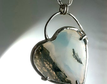 Moss Agate set in Fine and Sterling Silver, Sterling Silver Paperclip Chain