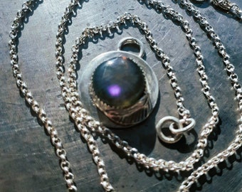 Purple Labradorite Sterling Silver Pendant, Natural Labradorite Necklace with Sterling Silver Rolo Chain