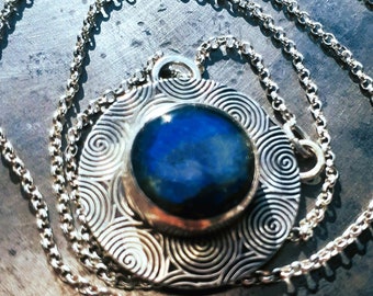 Vibrant Natural Blue Labradorite, set in an Open Back, Choice of Sterling Silver Chain/Necklace