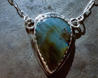 Natural Labradorite Pendant, set in a Fine Silver Bezel and Sterling Silver