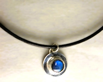 Natural Blue Labradorite Solitaire Pendant Sterling Silver on Leather Cord