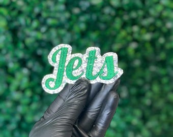 Patch termocolante bordado com glitter dos Jets, patch verde e prata do time, aplique esportivo, patch personalizado para jaqueta e boné, patch de time de futebol americano