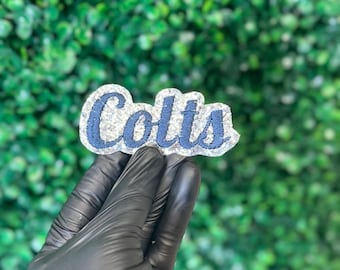 Patch bordado termocolante ou para costurar, inspirado nos fãs dos Colts, para jaquetas, moletons com capuz e blusas de moletom. Patch de futebol americano com glitter grosso e brilhante.