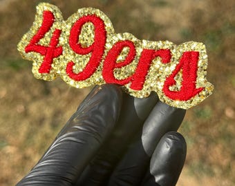 Parche bordado brillante de los 49ers para planchar, parche del equipo en rojo y dorado, aplique deportivo, parche para aficionados al fútbol americano.