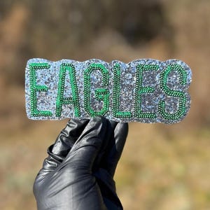 May include: A silver glittery sign with the word "EAGLES" in green, held by a gloved hand. The letters are outlined in green and filled with a silver glitter material. The background is blurred.