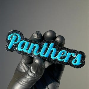 Può includere: Una toppa glitterata nera e blu con la scritta "Panthers" ricamata in blu brillante. La toppa è tenuta da una mano guantata su uno sfondo grigio. La toppa è probabilmente per abbigliamento o accessori.