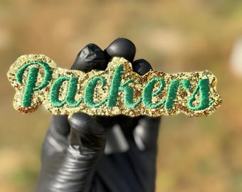 Patch termocolante bordado com glitter dos Packers, patch verde e dourado do time, aplique esportivo, patch para jaqueta e boné, patch personalizado, patch de futebol americano