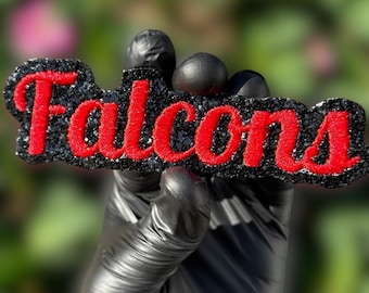Patch termocolante bordado com glitter dos Falcons, patch vermelho e preto do time, aplique esportivo, patch para jaqueta e boné, patch para acessórios de torcedor de futebol americano