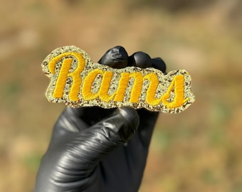 Aplique termocolante bordado com glitter dos Rams, patch dourado e prateado do time, aplique esportivo, patch para jaqueta e boné, patch termocolante para fãs de futebol.