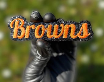 Aplique termocolante bordado com glitter dos Browns, patch laranja e preto do time, aplique esportivo, patch para torcedor de futebol americano