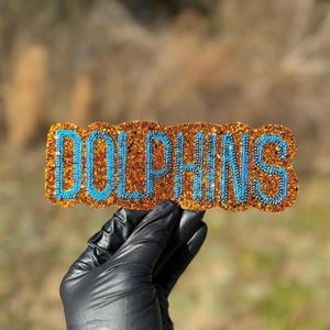 May include: A glittery, orange-gold sign with the word "DOLPHINS" in bright blue, held by a gloved hand. The sign has a wavy edge and a textured, sparkling surface. The background is blurred, suggesting an outdoor setting.