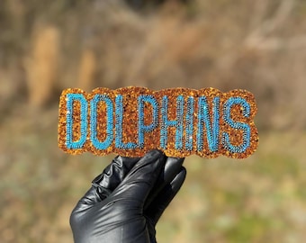 Aplique de lantejoulas dos Dolphins, aplique bordado com glitter, aplique para torcedor de futebol americano, aplique termocolante ou para costurar, aplique esportivo personalizado, aplique, faça você mesmo