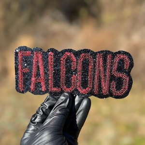 Può includere: Toppa ricamata nera e rossa con la scritta "FALCONS" in lettere rosse. La toppa ha un bordo ondulato. Lo sfondo è sfocato.