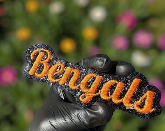 Aplique termocolante bordado com glitter dos Bengals, patch laranja e preto do time, aplique esportivo, patch para torcedor de futebol americano
