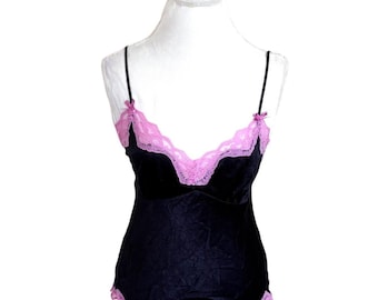 Candie's Y2K Babydoll Lace Satin Cami Size M Black Pink Bow Whimsigoth Punk Vtg
