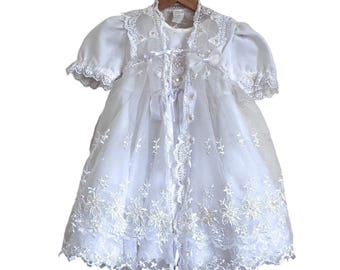 Completo vintage da bambina con abito da damigella d'onore in pizzo, taglia 4, bianco, per battesimo e matrimonio.