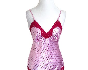 Candies Y2K Babydoll Satin Spitze Cami Tank Größe M Pink Rot Tupfen Coquette Vtg