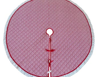 Vintage Quilted Reversible Christmas Tree Skirt OS Red White Stripes Eyelet Lace