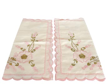 Vintage Floral Embroidered Cottage Country Pillow Shams Cream Pink Farm 14X16