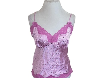 VTG Candies Y2K Babydoll Satin Lace Cami Size L Pink Floral Polka Dot Coquette