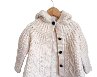 Carraig Donn Baby Aran Cable Knit Hood Cardigan Sweater Cream Irish Wool Vintage
