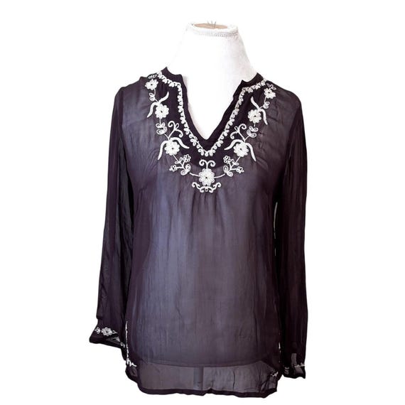 AMI, Vintage AMI Women Y2K Sheer Beaded Top Small Brown Forest Fairy Boho Embroidered