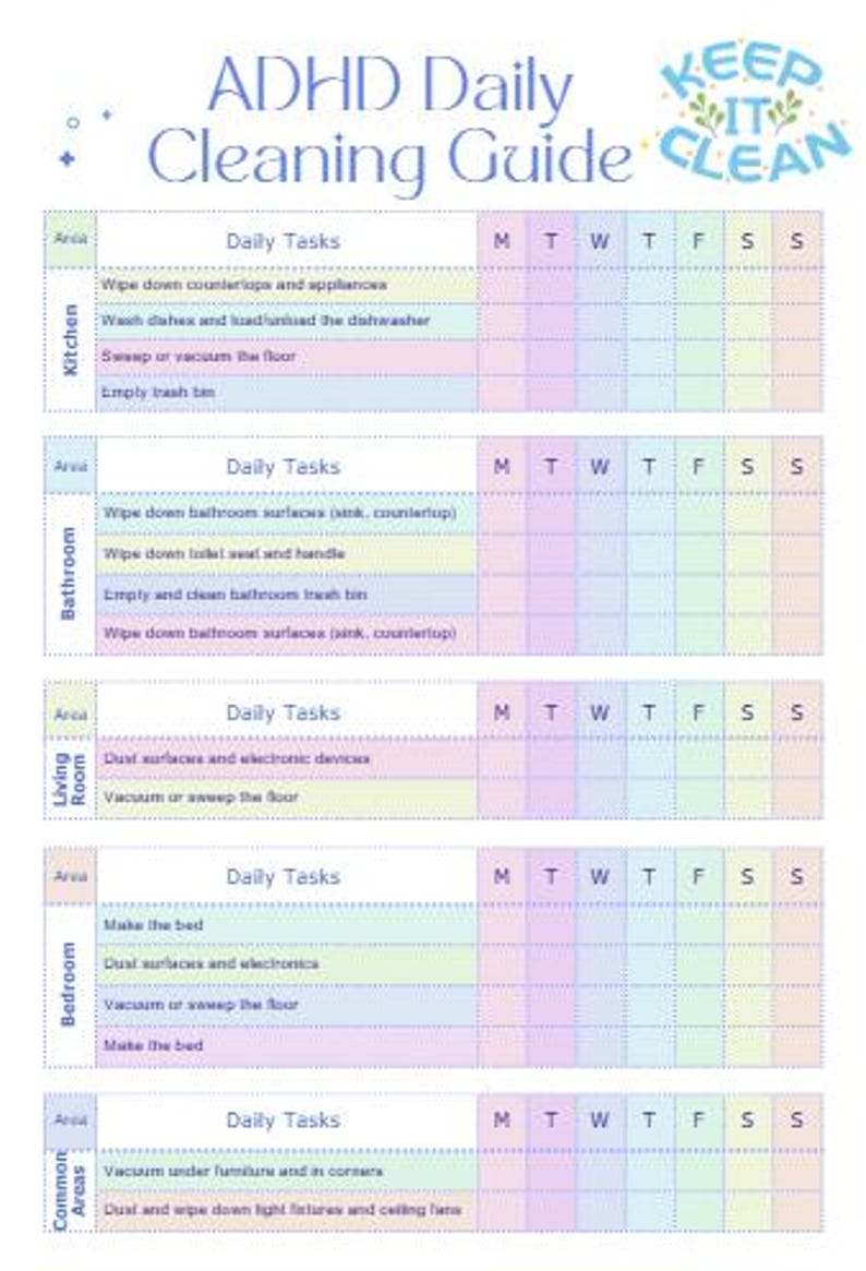 Printable Monthly and Daily Cleaning Checklist (ADHD Frienly) - Etsy