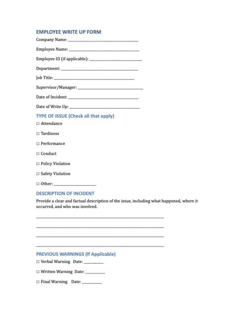 Store Write Up Form Employee Write up Form Template | HR Disciplinary Action Form ...