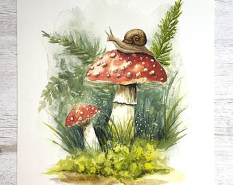 Whimsical Snail Mushroom Watercolor Print | Cottagecore Woodland Botanical Wall Art