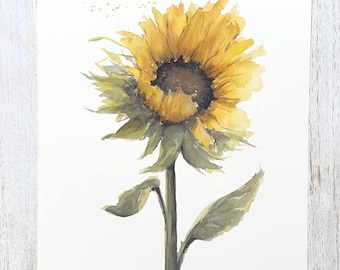 Sunflower Watercolor Print | Hand-Painted Botanical Wall Art | Cottagecore Decor | 5”x7” & 8”x10”