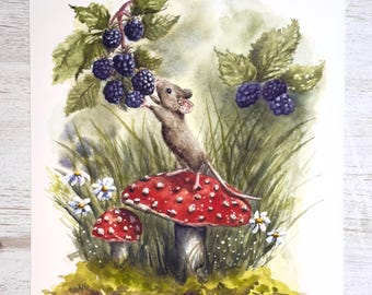 Woodland Mouse Blackberry Watercolor Print | Cottagecore Forest Nursery Art (5x7 or 8x10)