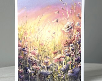 Handmade Sunlit Watercolor Meadow  Greeting Card | Folded with Envelope | Blank Inside