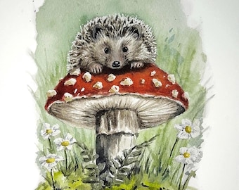 Hedgehog Watercolor Print | Woodland Mushroom Art | Cottagecore Decor (5x7 or 8x10)
