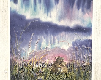 Mother & Baby Mouse Art Print | Northern Lights Watercolor | Woodland Nursery Art | Whimsical Cottagecore Wall Decor