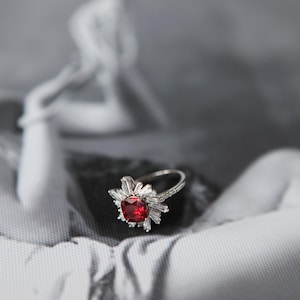 Vintage Style Ruby and Diamond Ballerina / Starbust Sterling Silver Ring.1960/1970 era.Anniversary Gift.July Birthday Gift