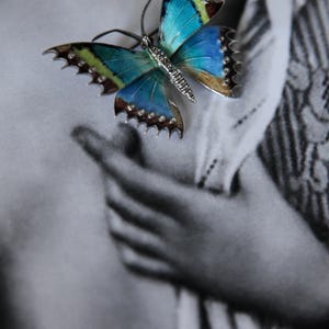 Puede incluir: Un broche de mariposa con alas de esmalte en tonos azul, verde y marrón con bordes plateados metálicos. El cuerpo central de la mariposa está detallado con pequeñas piedras claras y brillantes, y las alas tienen un contorno festoneado y puntiagudo.