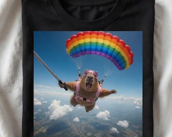 Skydiving Capybara Shirt | Funny Adventure Gift | Rainbow Parachute Animal Art | Retro Skydiver Graphic T-Shirt