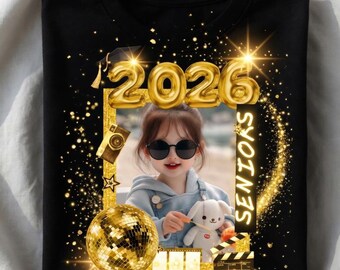 Custom Senior 2026 Photo Shirt, Graduation Gift, Gold Glitz Class Art