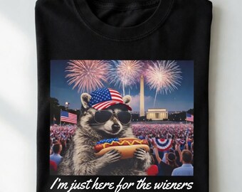 Comfort Colors I'm Just Here For The Wieners Shirt, Funny 4th of July Gift, Patriotic Raccoon Hot Dog Art Retro Independence Day Graphic Tee