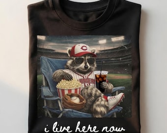 Comfort Colors I Live Here Now Baseball Shirt, Funny Baseball Fan Gift, Trash Panda Stadium Art, Retro Baseball Season Graphic Women T-Shirt
