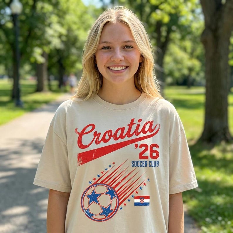 May include: A beige short-sleeved t-shirt featuring a red and blue graphic print that reads Croatia '26 Soccer Club. The design includes a soccer ball with star patterns, motion lines, small stars, and a small rectangular Croatian flag.