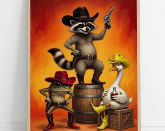 Funny Cowboy Animals Print | Bathroom wall art | Retro Raccoon Frog Goose Art | Western Man Cave Room Decor | Poster Print.