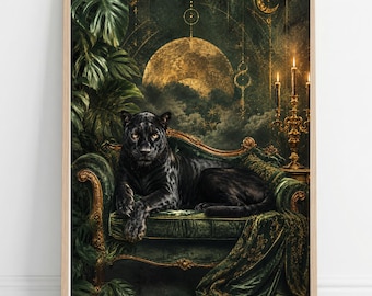 Black Panther Wall Art | Moody Celestial Moon Gift | Vintage Dark Academia Panther Portrait | Witchy Gothic Room Decor | Canvas Poster Print
