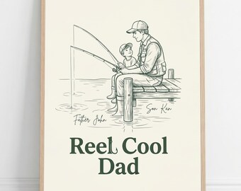 Custom Reel Cool Dad Print | Personalized Fishing Dad Gift For Dad | Minimalist Hand Drawn Line Art | Custom Father Son Name Poster Canvas