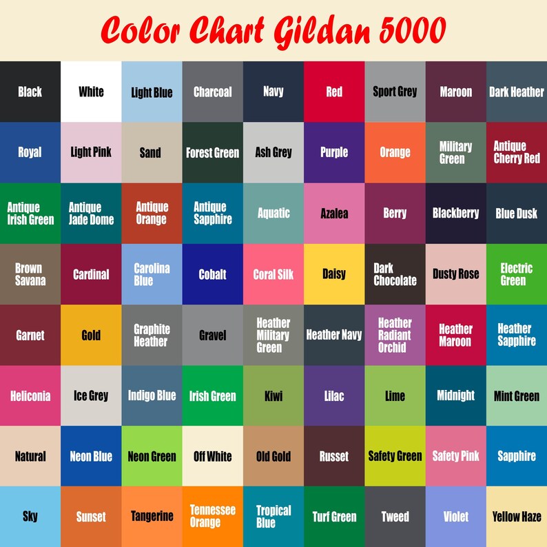 May include: A colour chart of Gildan 5000 t-shirt colours. The chart shows a grid of various colours, including black, white, navy, red, and many more. Each colour is labelled with its name in white text.