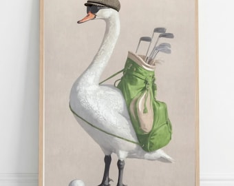 Funny Golf Swan Print, Vintage Golfing Goose Art Gift, Whimsical Country Club Poster, Cute Animal Sports Wall Decor, Canvas Art Print