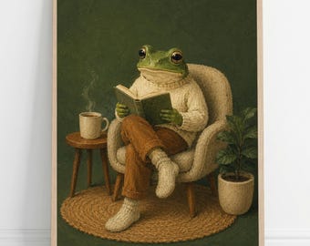 Reading Frog Wall Art | Funny Book Lover Gift | Vintage Dark Academia Frog Portrait | Funny Wall Art | Canvas Poster Print