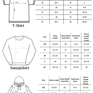 May include: A youth size chart detailing measurements for t-shirts, sweatshirts, and hoodies. The chart provides body length, chest width, and numerical sizes for XS to XL sizes. Measurements are in inches.
